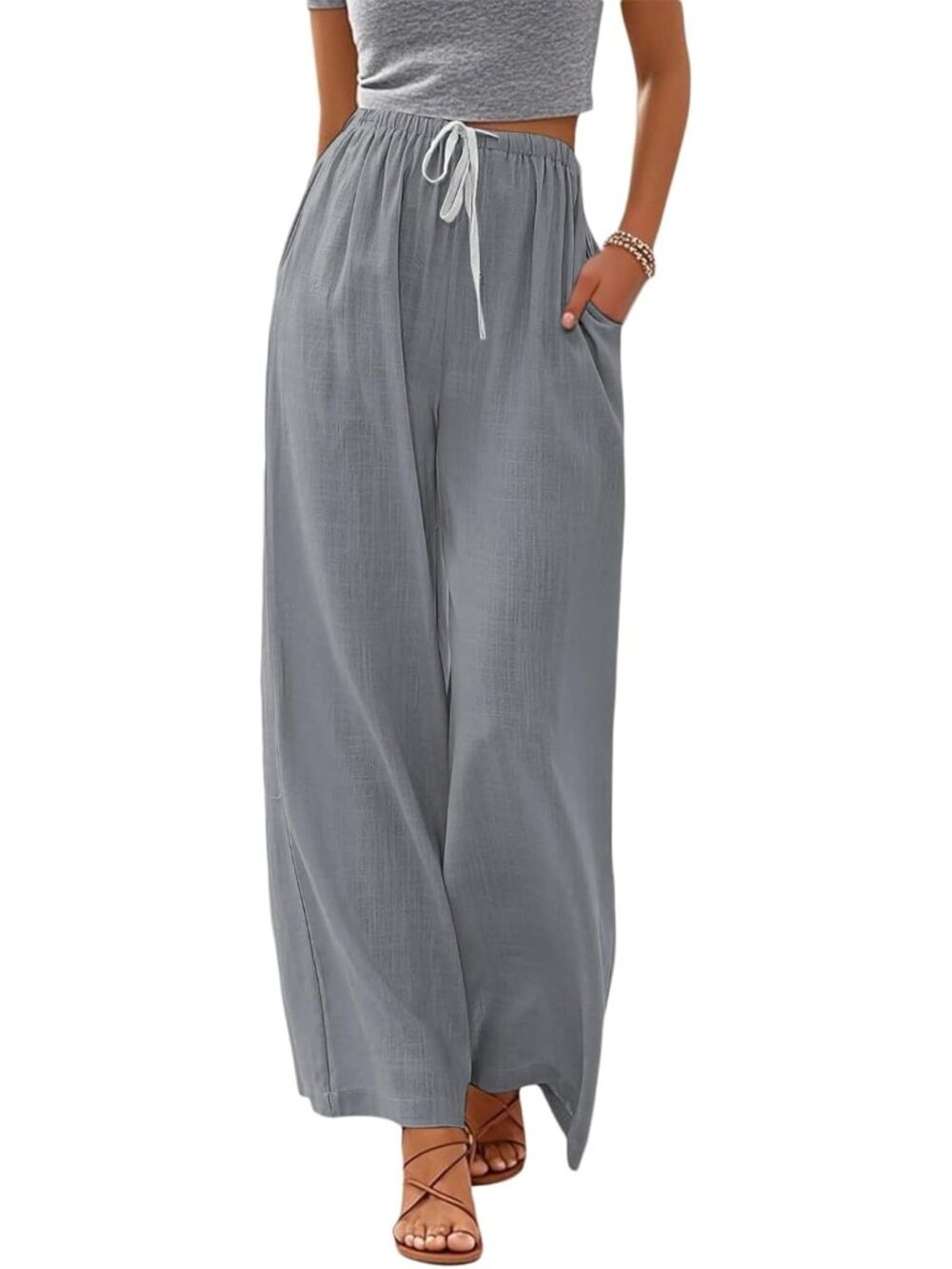 〽️Women's Wide Leg Pants Gray Polyester Drawstring Summer Drawstring  comfort